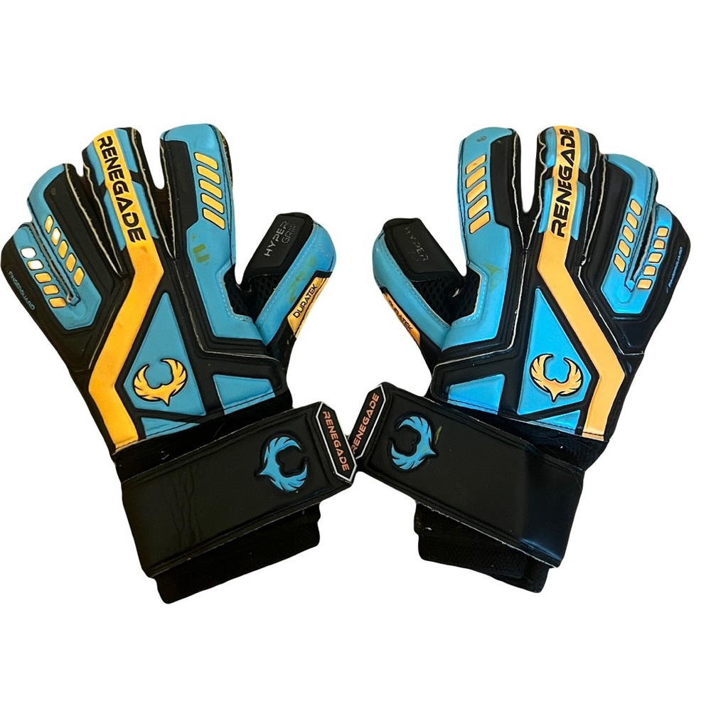 Renegade soccer goalie gloves-size 8- blue black orange. Original carrying case